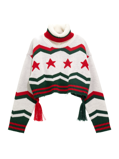 Shop Monnalisa Mini Sweater With Star Inlay In Cream White + Green