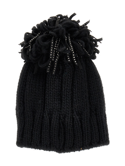 Shop Monnalisa Knitted Hat With Fringes And Studs In Black