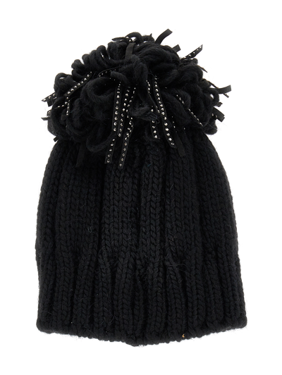 Monnalisa Knitted Hat With Fringes And Studs In Black