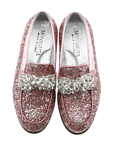 Shop Monnalisa Glitter Moccasins With Bezels In Glitter Dusty Pink Pink