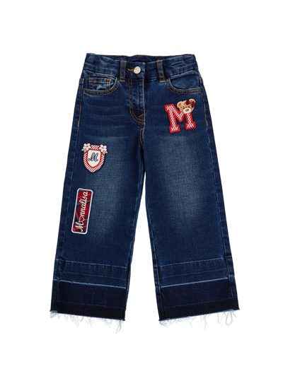 Shop Monnalisa Denim Jeans With Patches In Blu Stone Denim