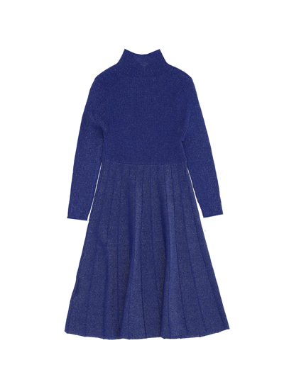 Shop Monnalisa Pleated Lurex Knit Dress In Steel Blue