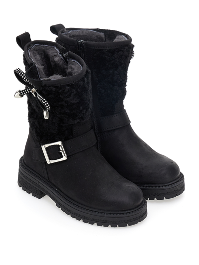Monnalisa Lined Nubuck And Wool Boots With Bow In Black