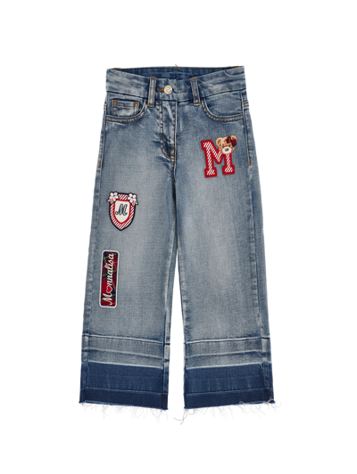 Shop Monnalisa Denim Jeans With Patches In Stone Bleach
