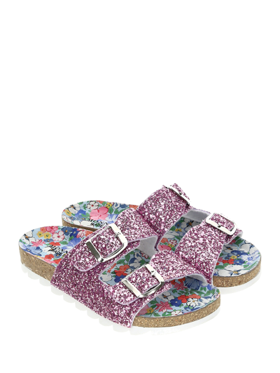 Shop Monnalisa Double Buckle Glitter Sandals In Glitter Rosa Pesca