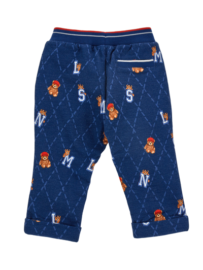 Shop Monnalisa All-over Bears Fleece Joggers In Steel Blue + Cream