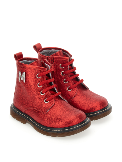 Monnalisa Glitter Lace-up Combat Boots In Glitter Ruby Red