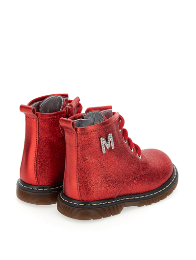 Monnalisa Glitter Lace-up Combat Boots In Glitter Ruby Red
