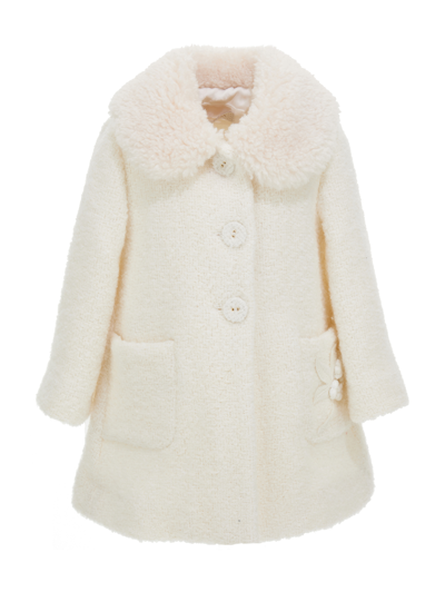 Shop Monnalisa Bouclé Coat With Wool Embroidery In Cream