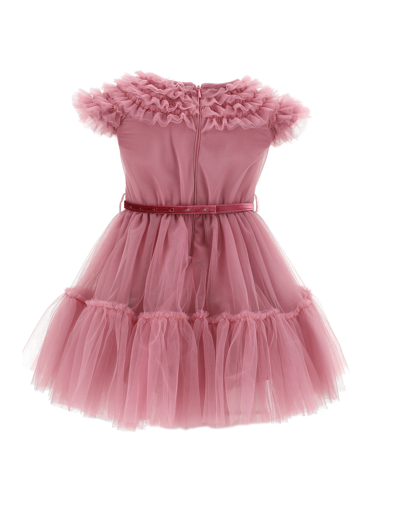 Shop Monnalisa Silk-touch Tulle Dress With Flowered Waist In Powder Pink