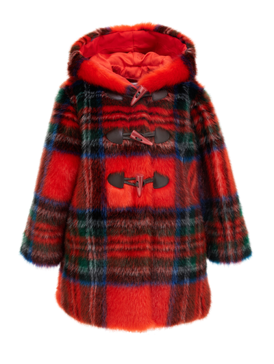 Shop Monnalisa Tartan Plush Duffle Coat In Ruby Red