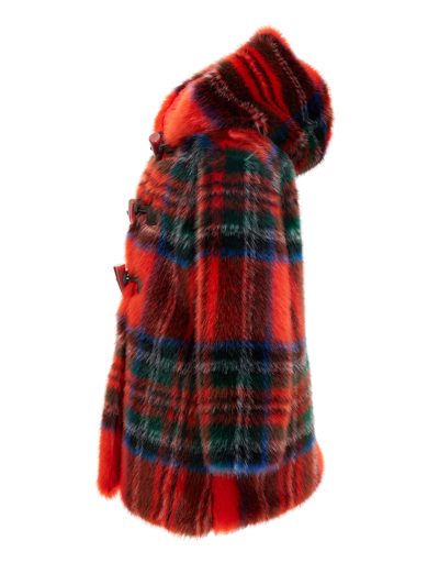 Shop Monnalisa Tartan Plush Duffle Coat In Ruby Red