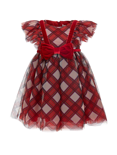 Shop Monnalisa Tartan Print Tulle Dress In Cream + Ruby Red