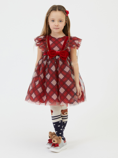 Shop Monnalisa Tartan Print Tulle Dress In Cream + Ruby Red