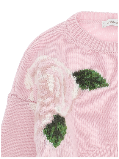 Shop Monnalisa Merino Sweater With Maxi Roses In Rosa Antico Couture