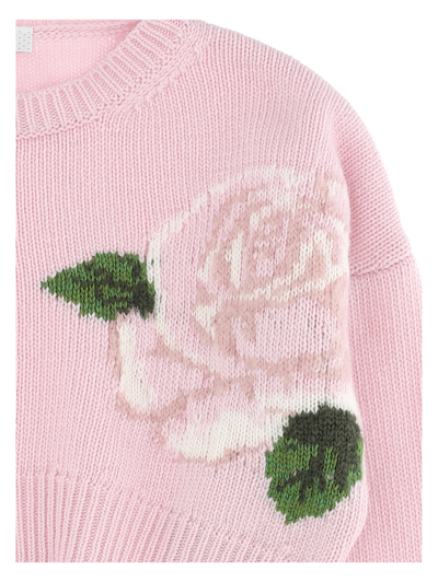 Shop Monnalisa Merino Sweater With Maxi Roses In Rosa Antico Couture