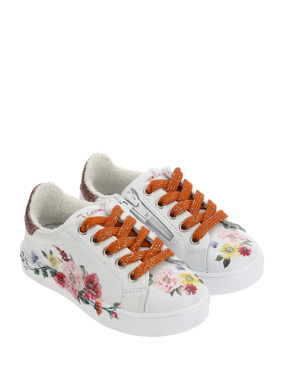 Monnalisa Floral Ramage Leather Sneakers In Cream + Multicolor