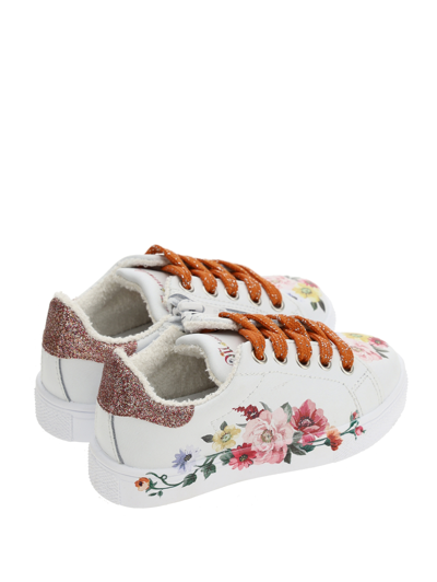 Monnalisa Floral Ramage Leather Sneakers In Cream + Multicolor