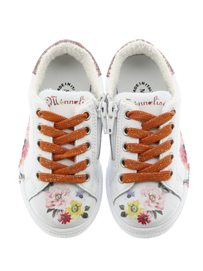 Monnalisa Floral Ramage Leather Sneakers In Cream + Multicolor
