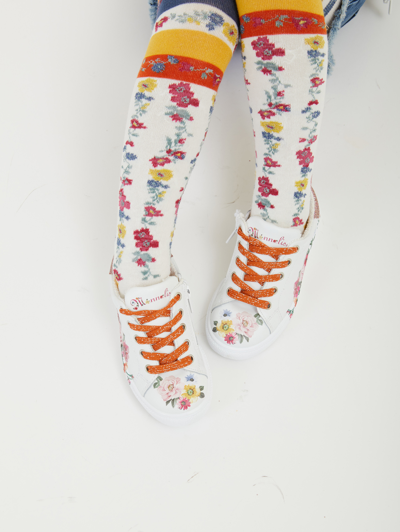 Monnalisa Floral Ramage Leather Sneakers In Cream + Multicolor