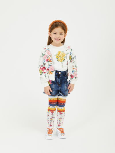 Monnalisa Floral Ramage Leather Sneakers In Cream + Multicolor