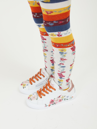 Monnalisa Floral Ramage Leather Sneakers In Cream + Multicolor