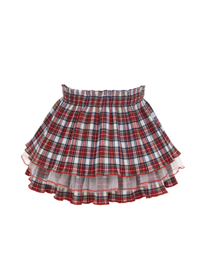 Shop Monnalisa Pleated Tartan Skirt In Cream + Ruby Red