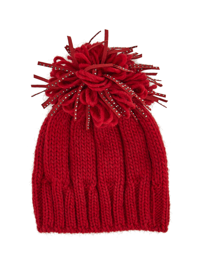 Shop Monnalisa Knitted Hat With Fringes And Studs In Ruby Red