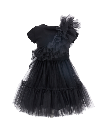Shop Monnalisa Silk-touch Tulle Dress With Bow In Black