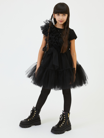 Shop Monnalisa Silk-touch Tulle Dress With Bow In Black