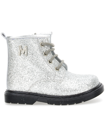 Shop Monnalisa Glitter Lace-up Combat Boots In Silver Glitter