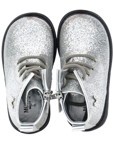 Shop Monnalisa Glitter Lace-up Combat Boots In Silver Glitter
