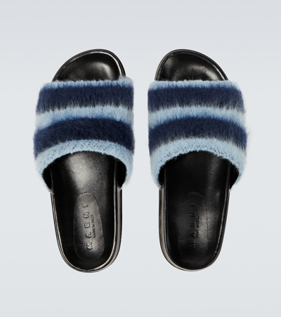 Shop Marni Fussbett Striped Slides In Night Blue + Celeste