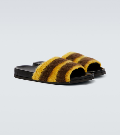 Shop Marni Fussbett Striped Slides In Coffee + Sun