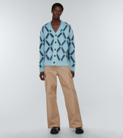 Marni Intarsia Mohair-blend Cardigan In Lake