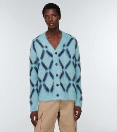 Marni Intarsia Mohair-blend Cardigan In Lake