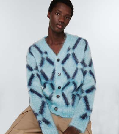 Marni Intarsia Mohair-blend Cardigan In Lake