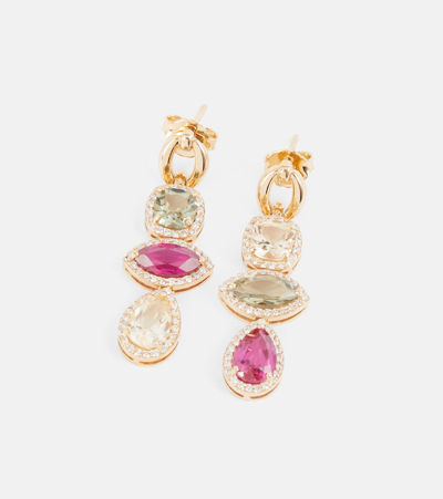 Shop Nadine Aysoy Catena Triple Stone 18kt Gold Earrings With Sapphire, Rubellite, Amethyst, And Diamonds In 0