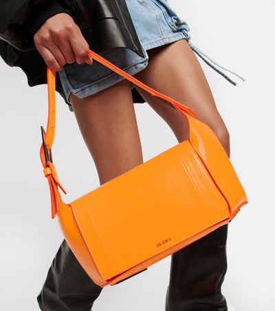 Shop Attico 7/7 Small Lizard-effect Leather Shoulder Bag In Neon Orange