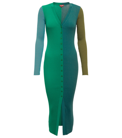 Shop Staud Shoko Colorblocked Ribbed-knit Midi Dress In Fern Multi