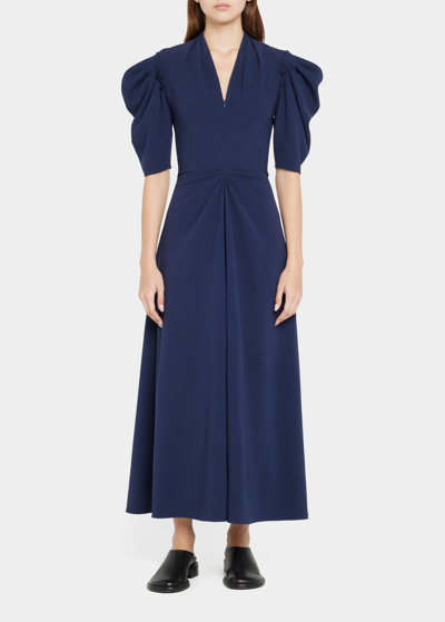 Shop Proenza Schouler Ruched Draped-sleeve Matte Crepe Dress In Navy