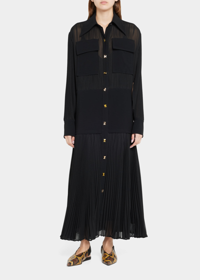 Shop Proenza Schouler Sheer Pleated Button Down Flounce Dress In Black