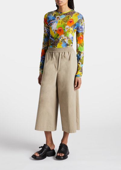 Shop Loewe Anagram Embroidered Wide-leg Crop Trousers In Sandstone