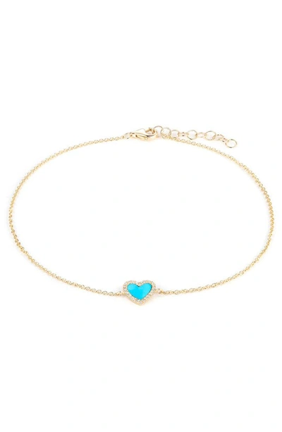 Shop Ron Hami 14k Yellow Gold Turquoise Heart & Diamond Charm Anklet In Yellow Gold/diamond/turquoise