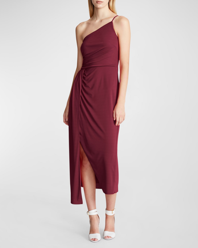 Shop Halston Camille Jersey Midi Dress With Ruched Detail In Bordeaux