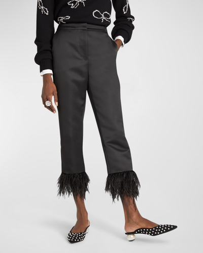 Shop Kate Spade Cropped Feather-trim Tech Satin Pants In Black