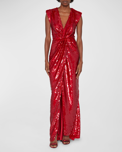 Shop Dolce & Gabbana Twisted Plunging Sequin Gown In Bright Red