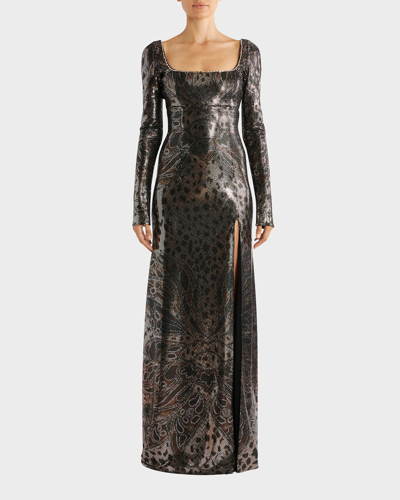 Shop Etro Metallic Patterned Gown W/ Crystal Trim In Ivory