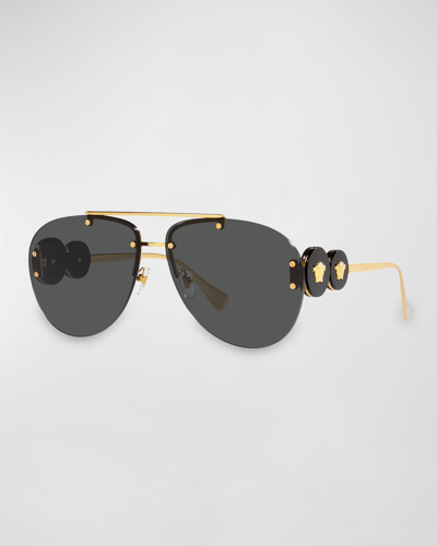 Shop Versace Logo Emblem Metal Aviator Sunglasses In Gold