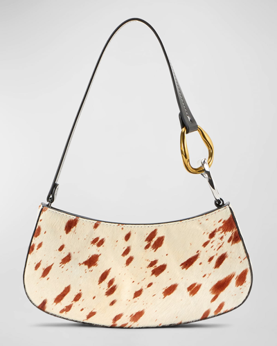 Shop Staud Ollie Zip Calf Hair Shoulder Bag In Cream Haircalf